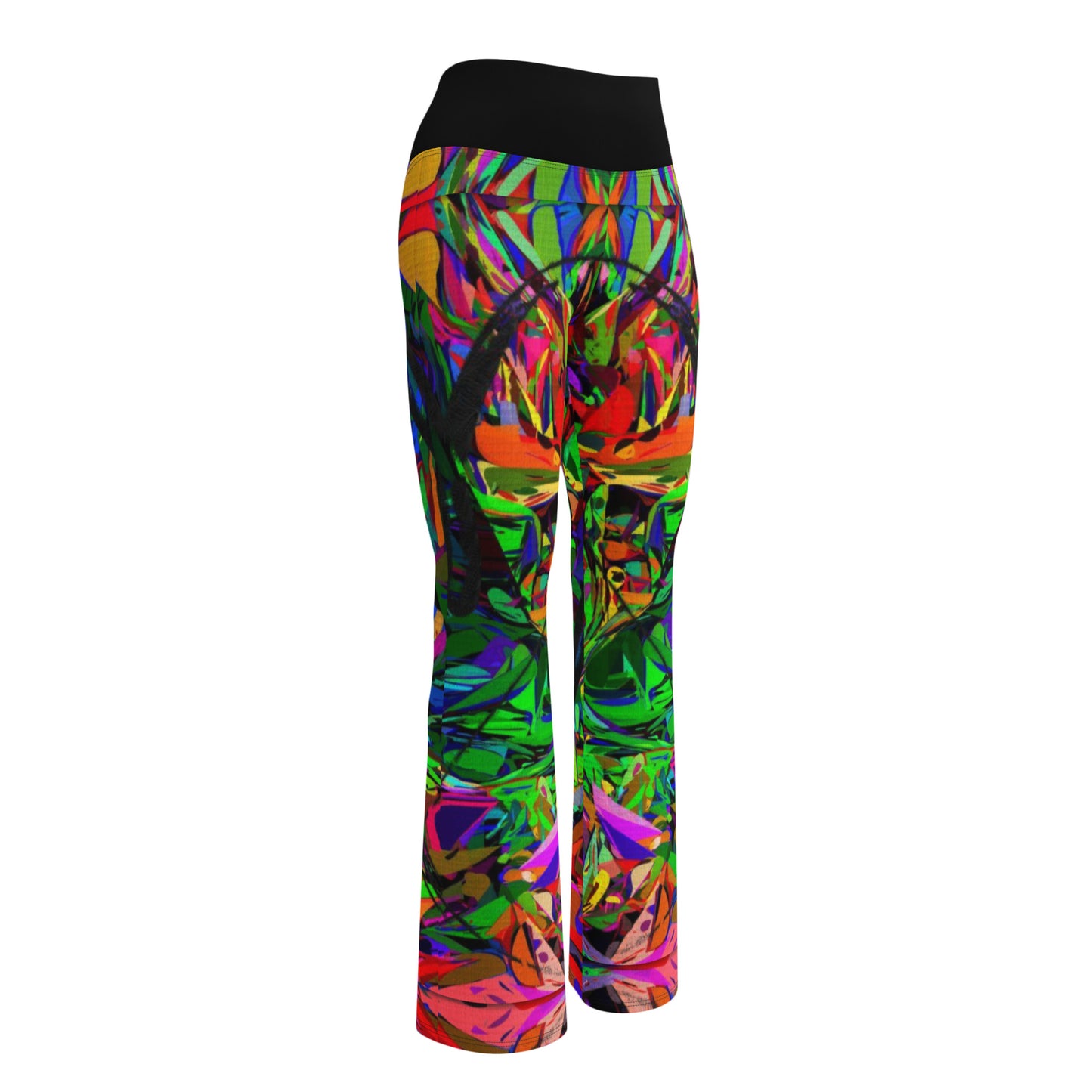 Women’s high waisted abstract flare leggings with colorful neon streetwear print – Hipyfi Neon Mythos design. Front-5
