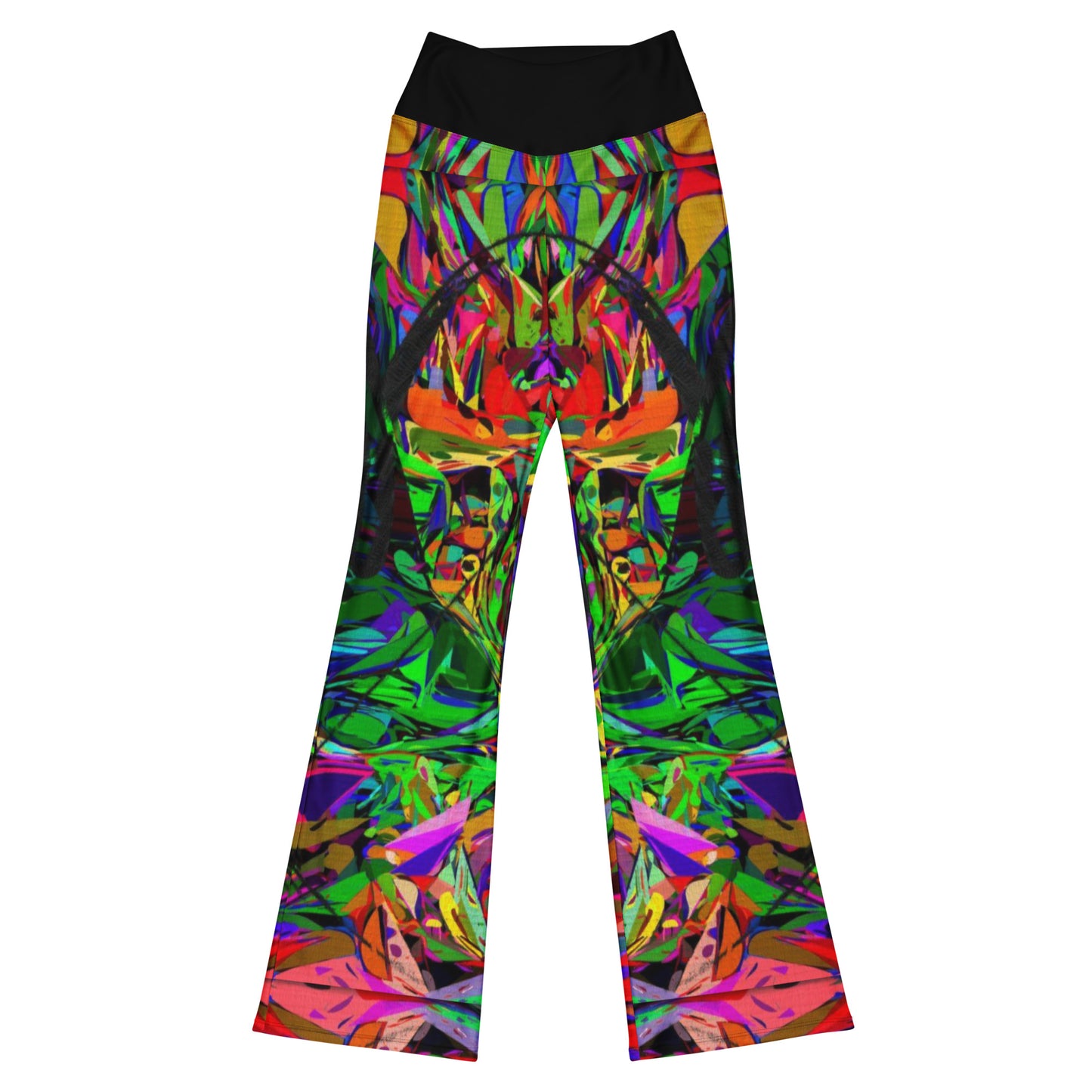 Women’s high waisted abstract flare leggings with colorful neon streetwear print – Hipyfi Neon Mythos design. Front-4