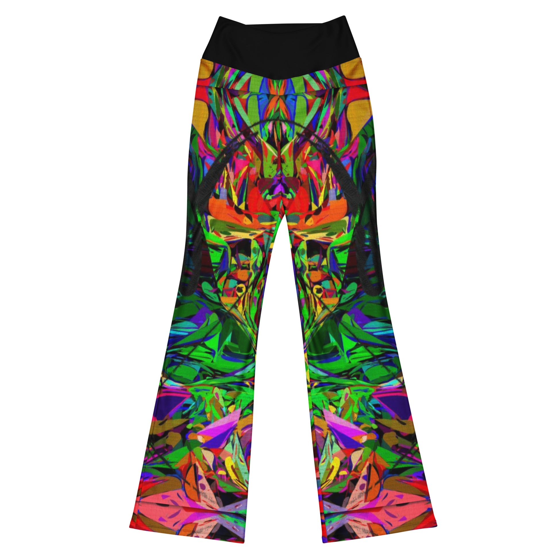 Women’s high waisted abstract flare leggings with colorful neon streetwear print – Hipyfi Neon Mythos design. Front-4