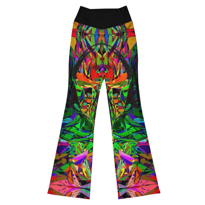 Women’s high waisted abstract flare leggings with colorful neon streetwear print – Hipyfi Neon Mythos design. Front-4