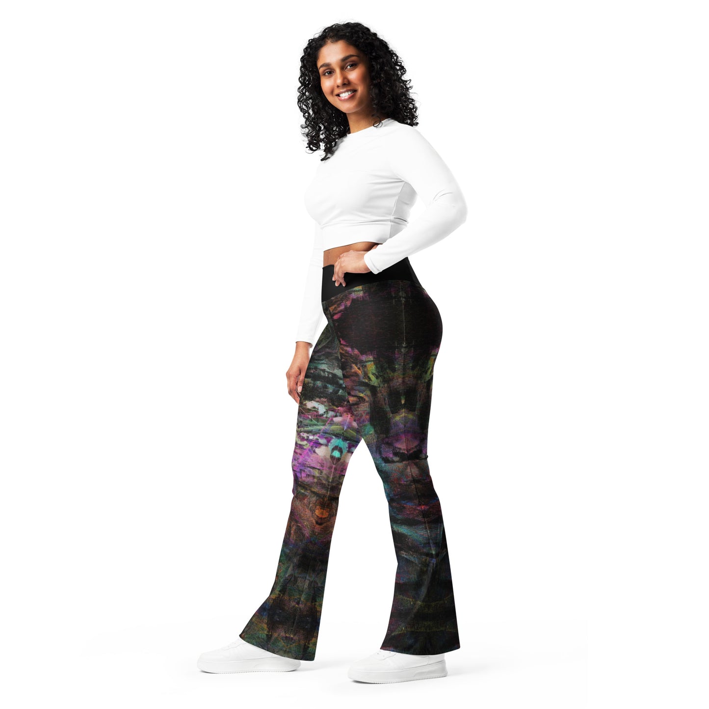 Chromatic Dreams Flare Leggings: high-waisted, vibrant abstract print, recycled fabric. Butt-lifting fit with flared legs and UPF 50+ by Hipyfi. left-front-2