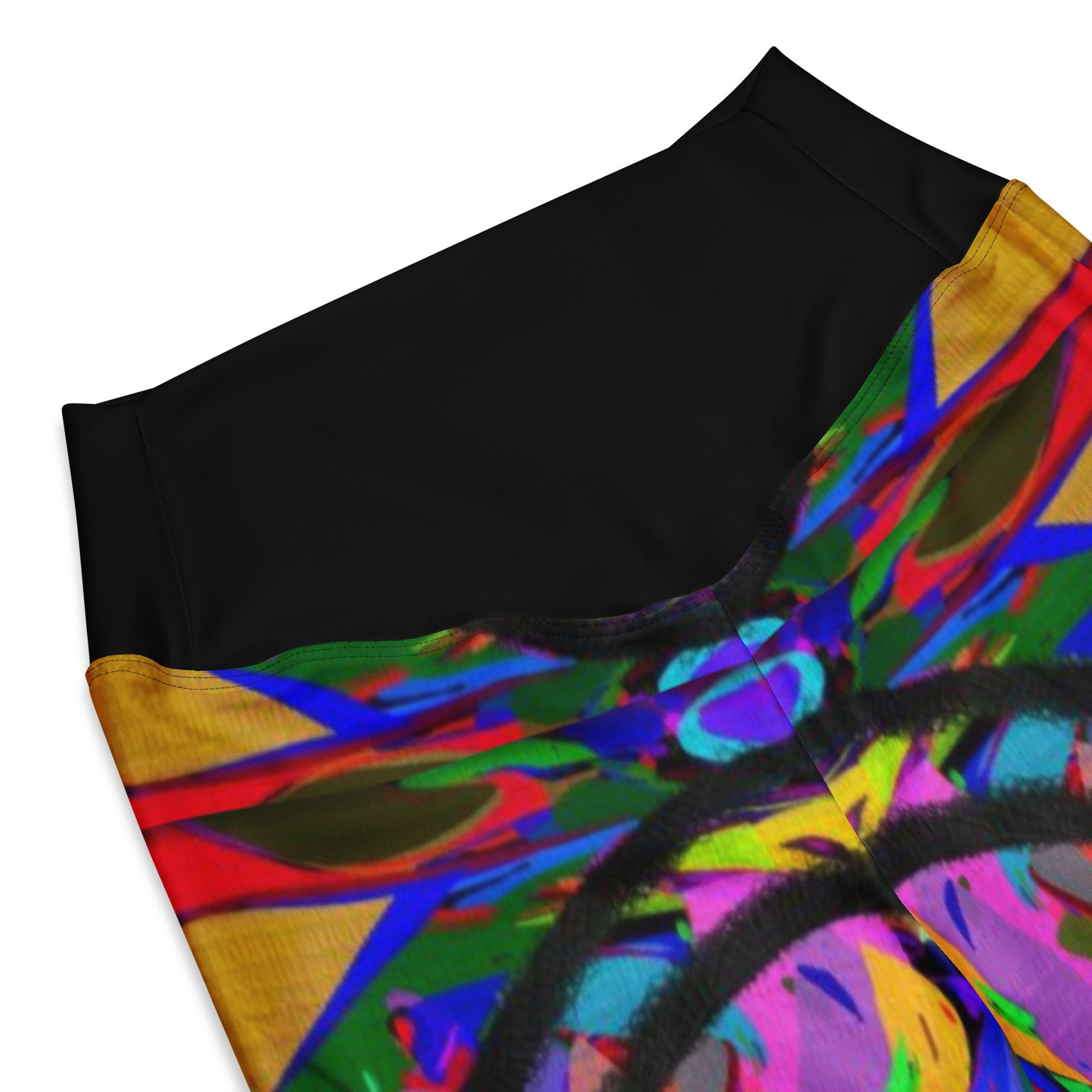 Women’s high waisted abstract flare leggings with colorful neon streetwear print – Hipyfi Neon Mythos design. product-details-3