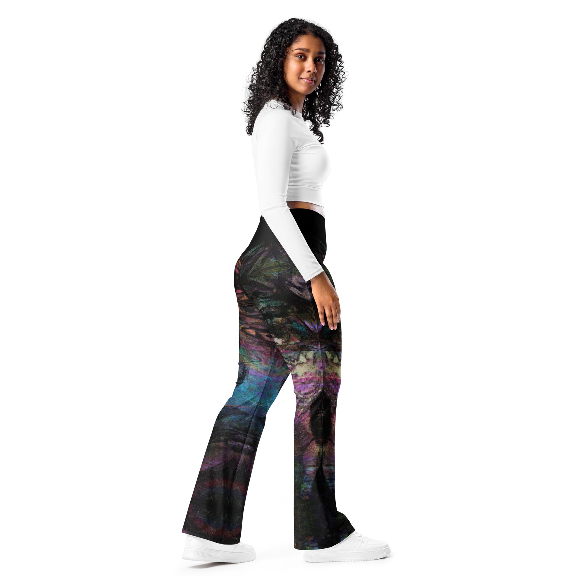 Chromatic Dreams Flare Leggings: high-waisted, vibrant abstract print, recycled fabric. Butt-lifting fit with flared legs and UPF 50+ by Hipyfi. right-2