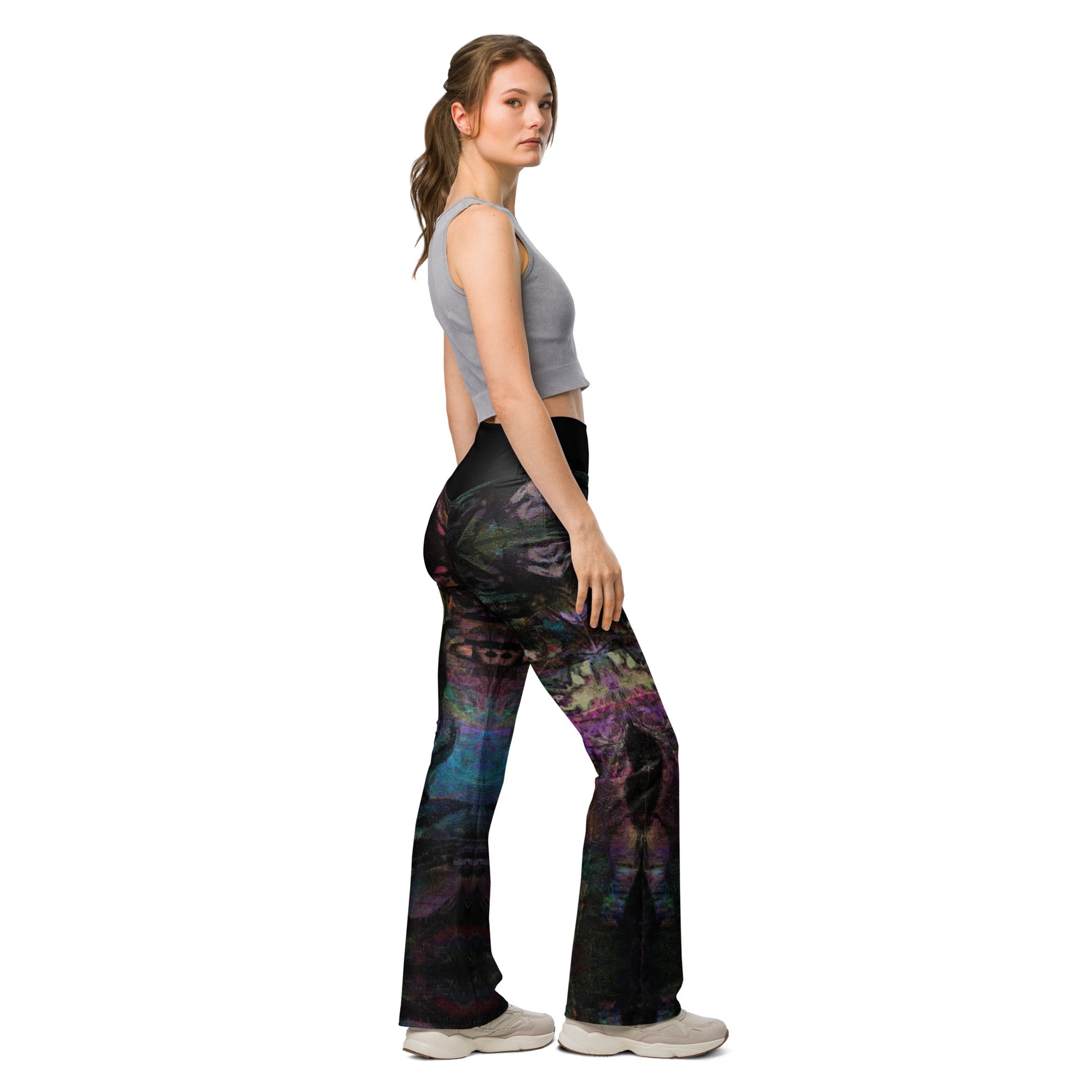 Chromatic Dreams Flare Leggings: high-waisted, vibrant abstract print, recycled fabric. Butt-lifting fit with flared legs and UPF 50+ by Hipyfi. front right-3