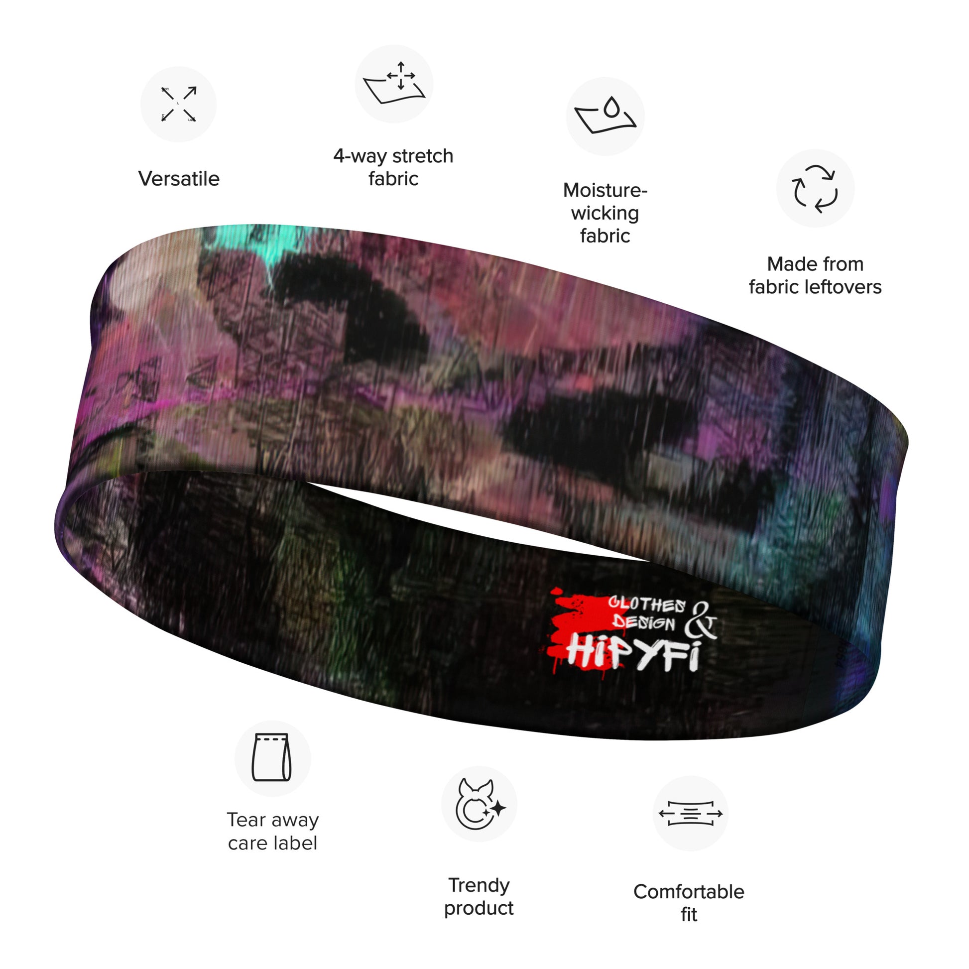 Hipyfi Chromatic Dreams Abstract Art Headband – Bold Colorful Unisex Hair Accessory with UPF 50+ & Eco-Friendly Design product info