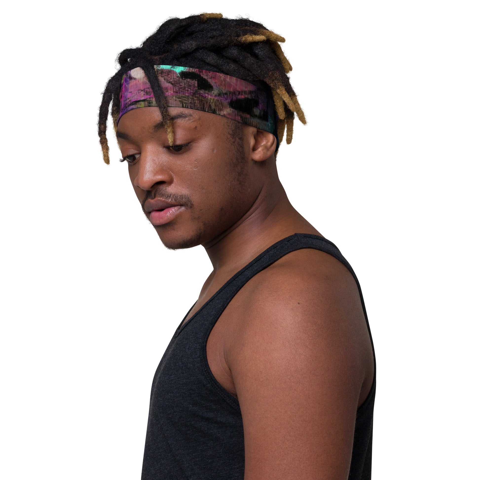 Hipyfi Chromatic Dreams Abstract Art Headband – Bold Colorful Unisex Hair Accessory with UPF 50+ & Eco-Friendly Design men left front