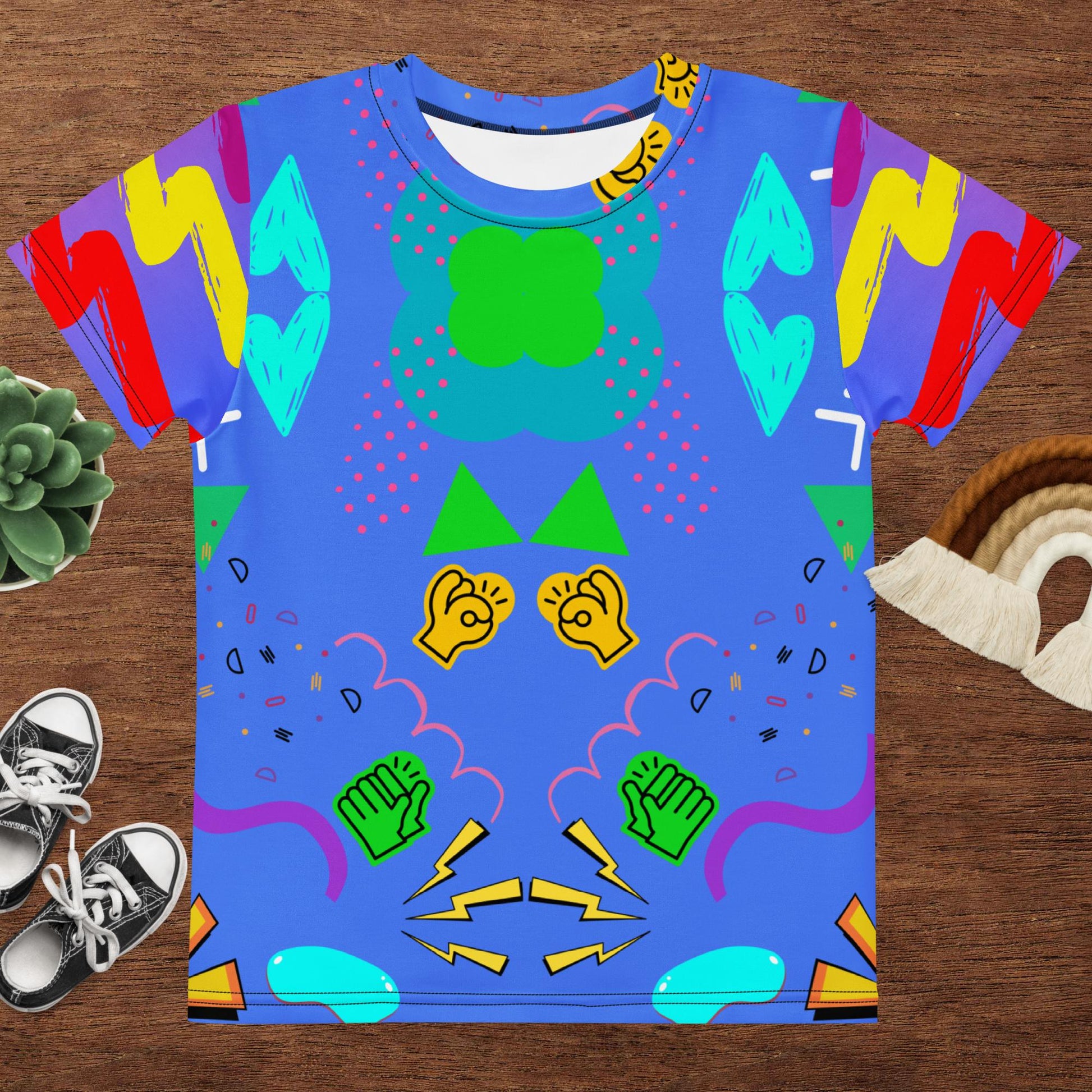 Retro Pop Kids Crew Neck Graphic T-Shirt with 80s Memphis design in bold cobalt blue – Hipyfi Clothes & Design Front