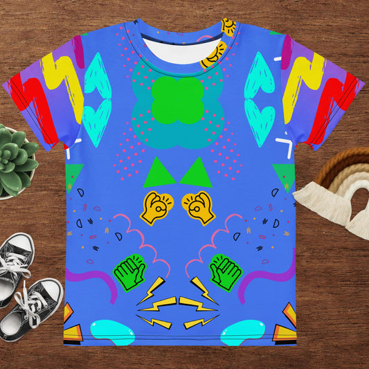 Retro Pop Kids Crew Neck Graphic T-Shirt with 80s Memphis design in bold cobalt blue – Hipyfi Clothes & Design Front