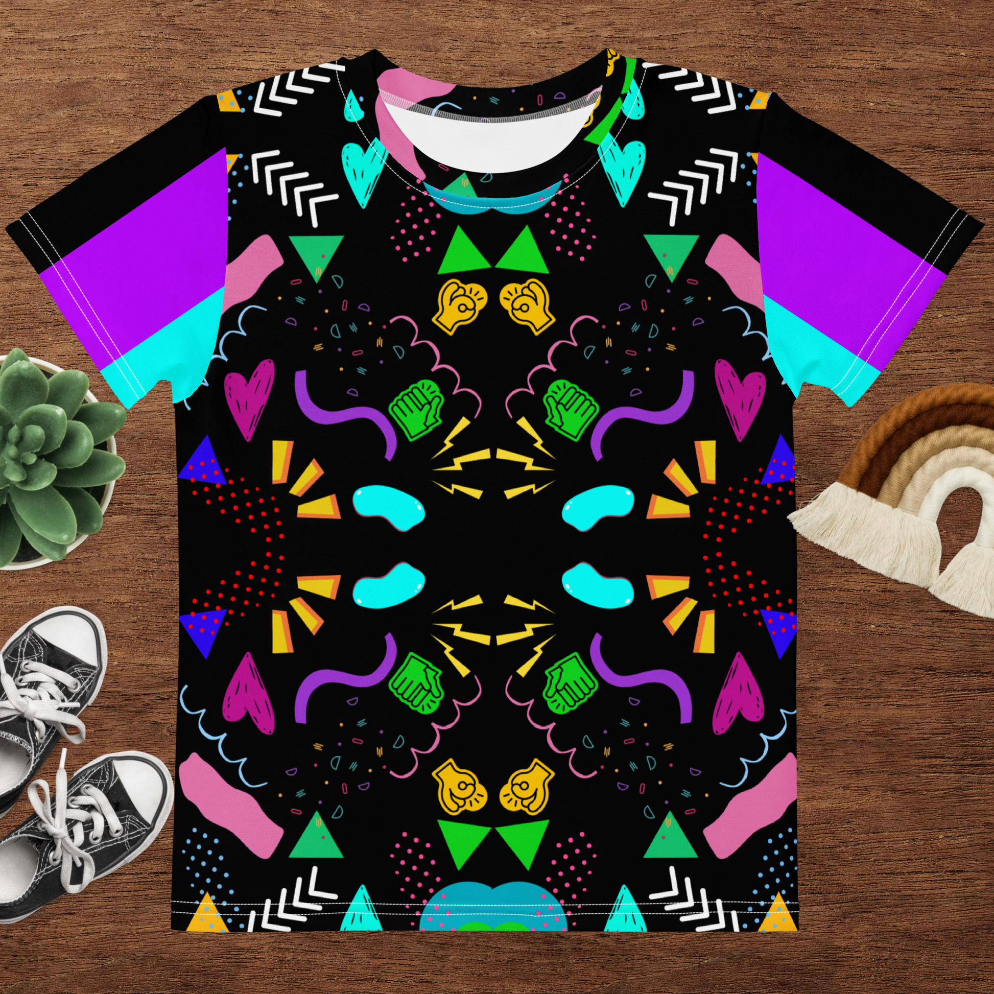 Hipyfi Retro Kids Graphic Crew Neck T-Shirt – Abstract 80s & 90s Design, colorful geometric pop art pattern for boys and girls Front