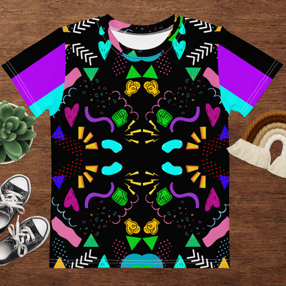 Hipyfi Retro Kids Graphic Crew Neck T-Shirt – Abstract 80s & 90s Design, colorful geometric pop art pattern for boys and girls Front