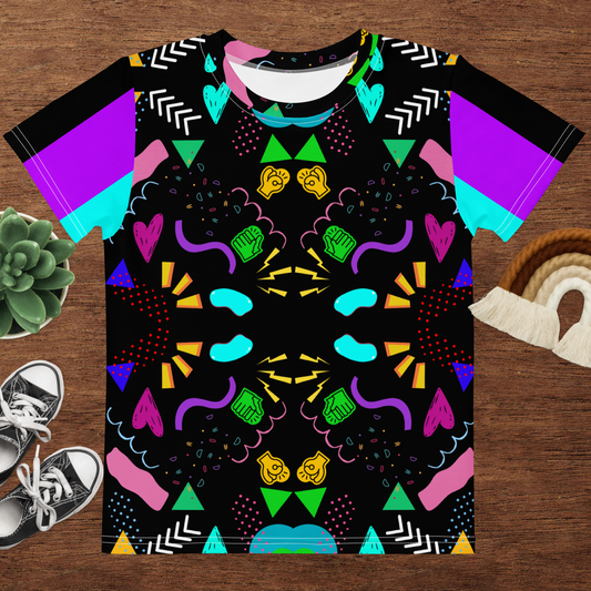 Hipyfi Retro Kids Graphic Crew Neck T-Shirt – Abstract 80s & 90s Design, colorful geometric pop art pattern for boys and girls Front