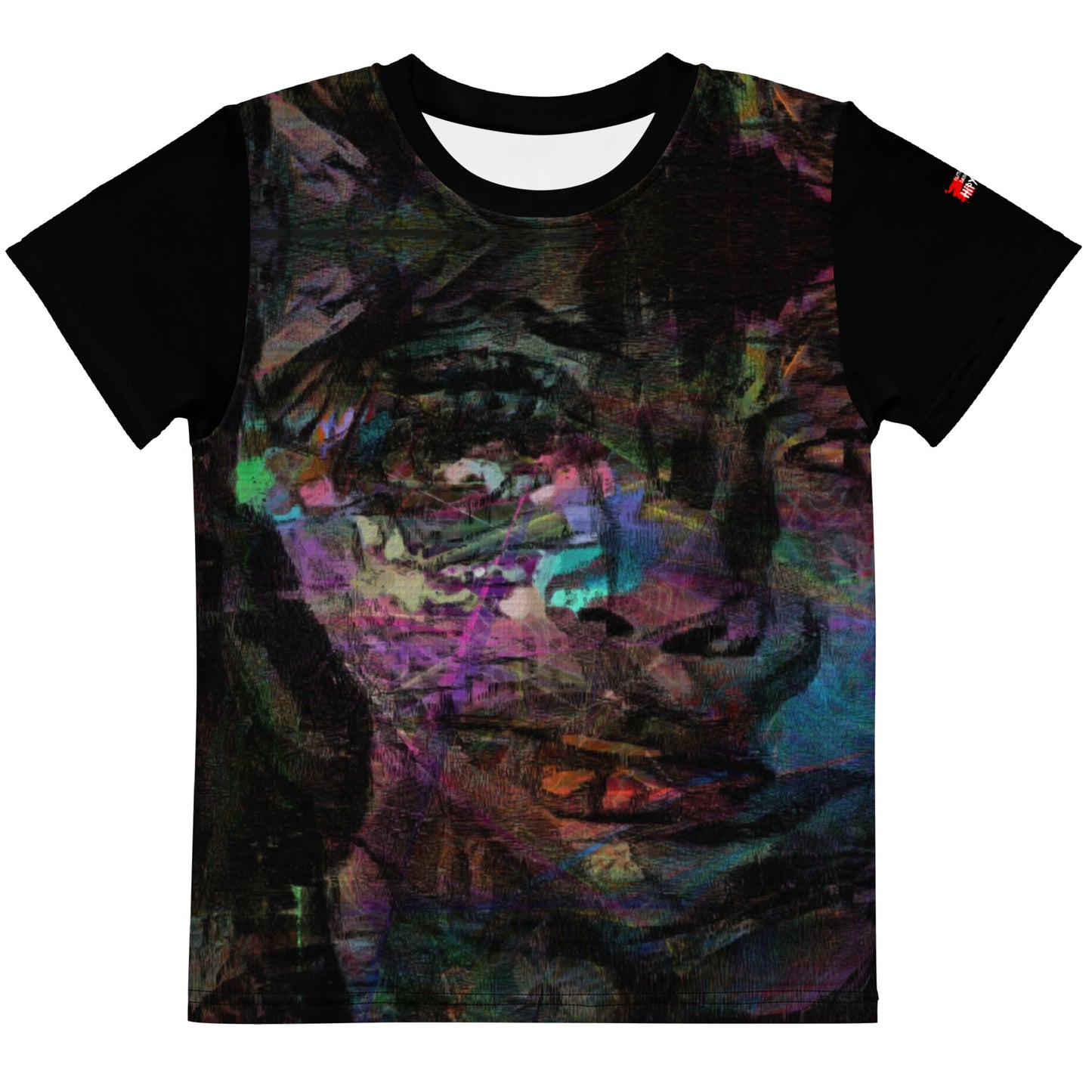Chromatic Dreams Abstract Kids Graphic Tee with vibrant overlapping brushstrokes. Soft stretchy crew neck for playful comfort. Eco-friendly unisex artwear by Hipyfi Clothes & Design. front-2