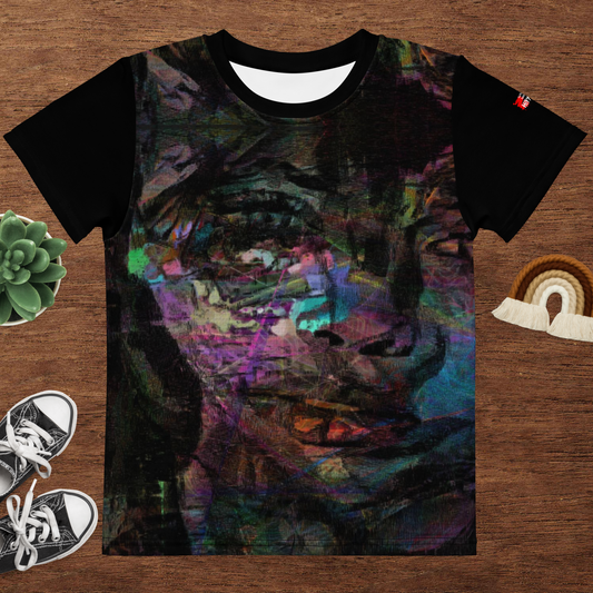 Chromatic Dreams Abstract Kids Graphic Tee with vibrant overlapping brushstrokes. Soft stretchy crew neck for playful comfort. Eco-friendly unisex artwear by Hipyfi Clothes & Design. front
