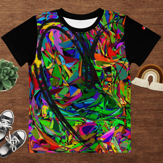Colorful abstract kids graphic t-shirt with neon print and crew neck – Neon Mythos design by Hipyfi Clothes & Design Front