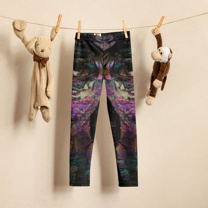 Hipyfi Chromatic Dreams Kids Leggings: Bold abstract modern art print in vibrant purple, blue, and orange with UPF 50+ sun protection. front
