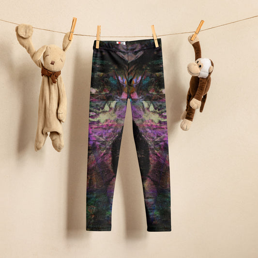 Hipyfi Chromatic Dreams Kids Leggings: Bold abstract modern art print in vibrant purple, blue, and orange with UPF 50+ sun protection. front