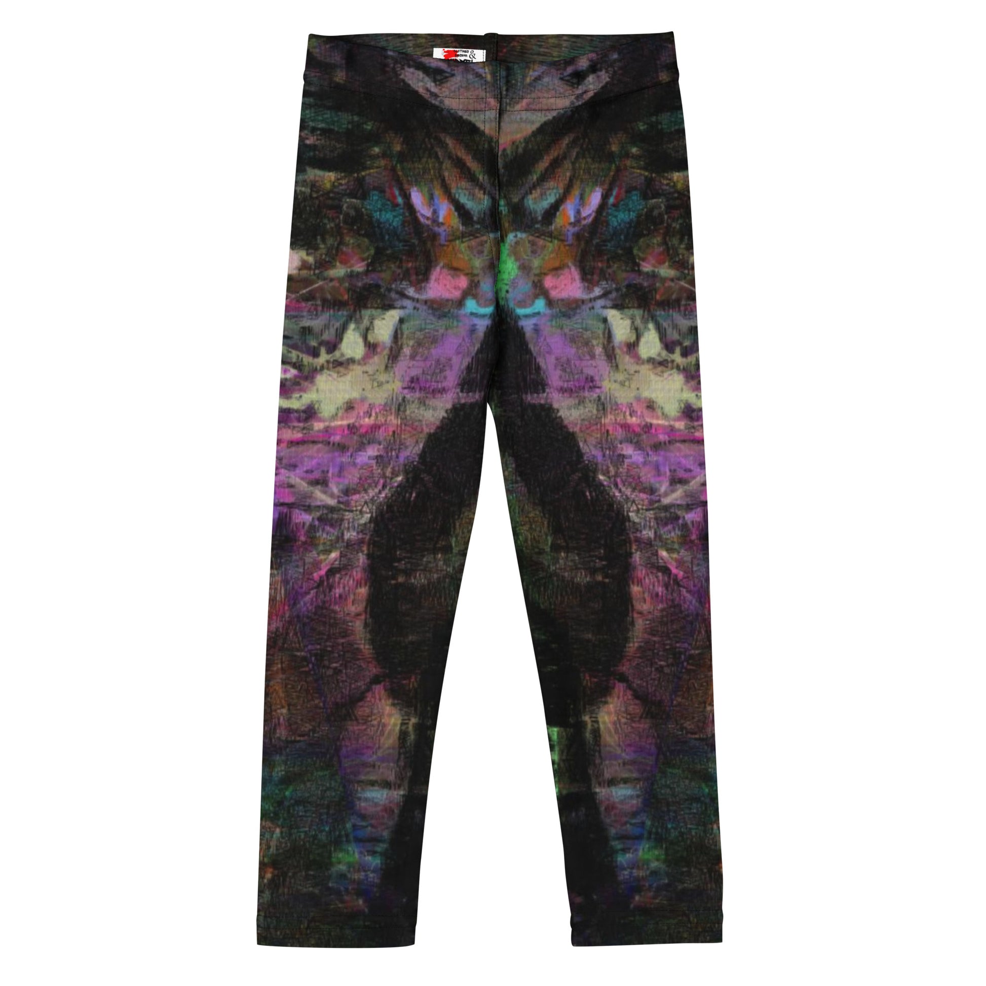 Hipyfi Chromatic Dreams Kids Leggings: Bold abstract modern art print in vibrant purple, blue, and orange with UPF 50+ sun protection. front-2