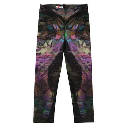 Hipyfi Chromatic Dreams Kids Leggings: Bold abstract modern art print in vibrant purple, blue, and orange with UPF 50+ sun protection. front-2