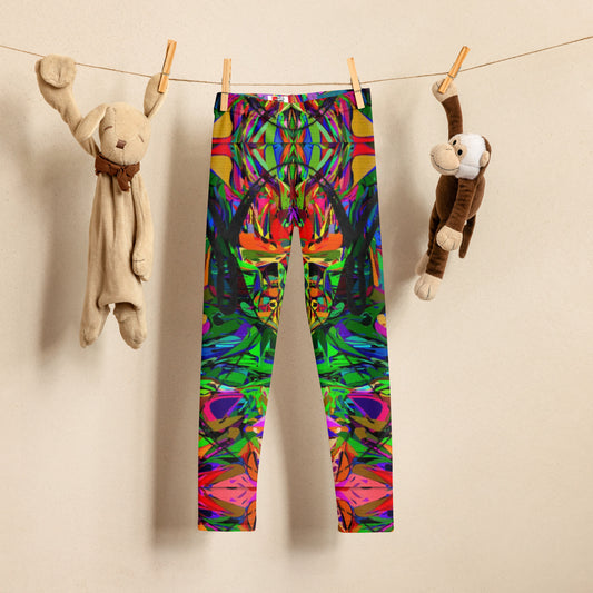 Colorful abstract print kids leggings with neon hues and modern art design, perfect for active children. Front