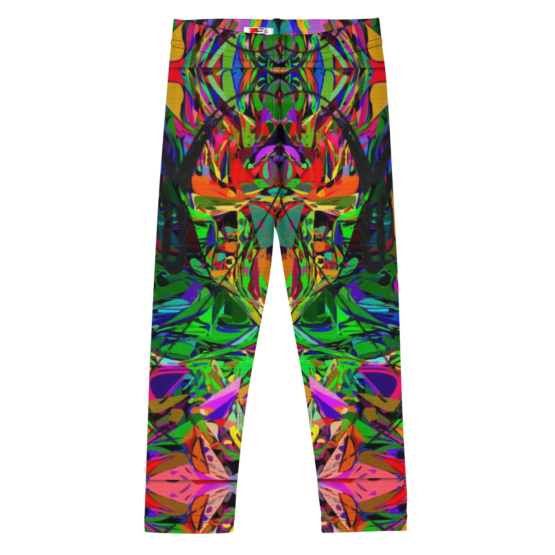 Colorful abstract print kids leggings with neon hues and modern art design, perfect for active children. Front-3