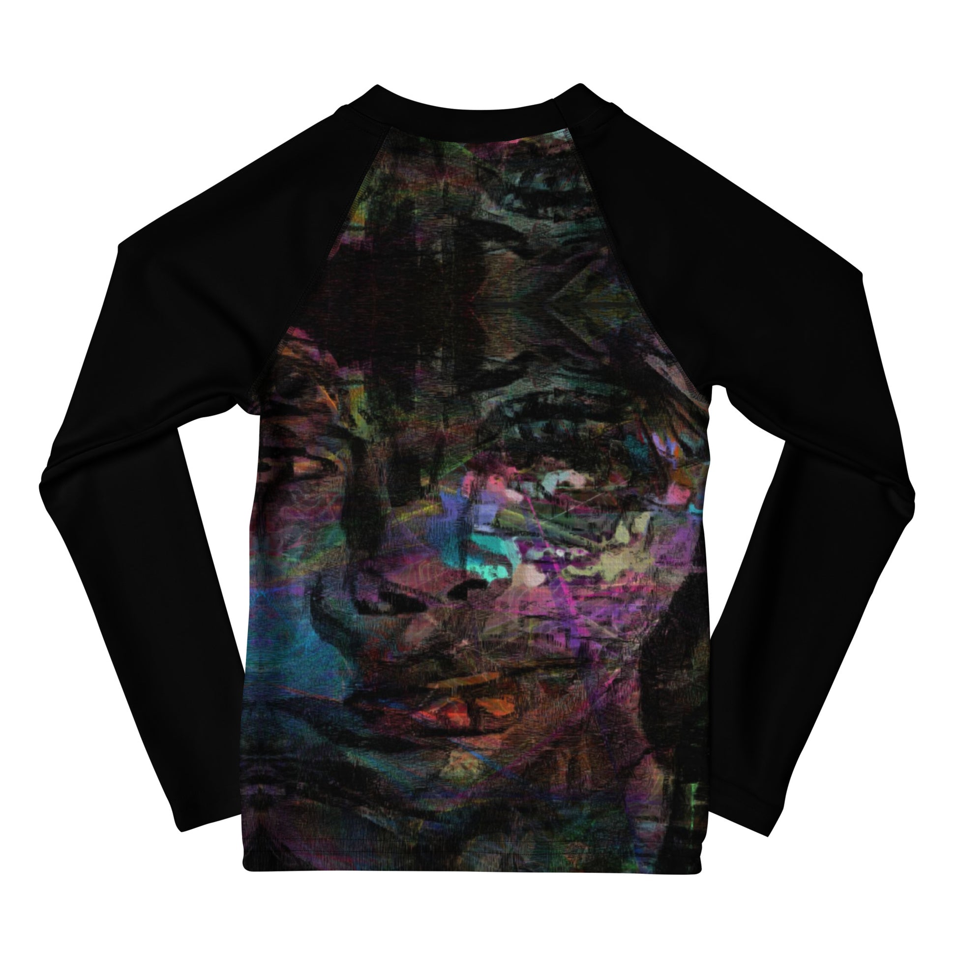 Vibrant abstract art kids rash guard with UPF 50+ sun protection, gender-neutral design by Hipyfi Clothes & Design. back-2