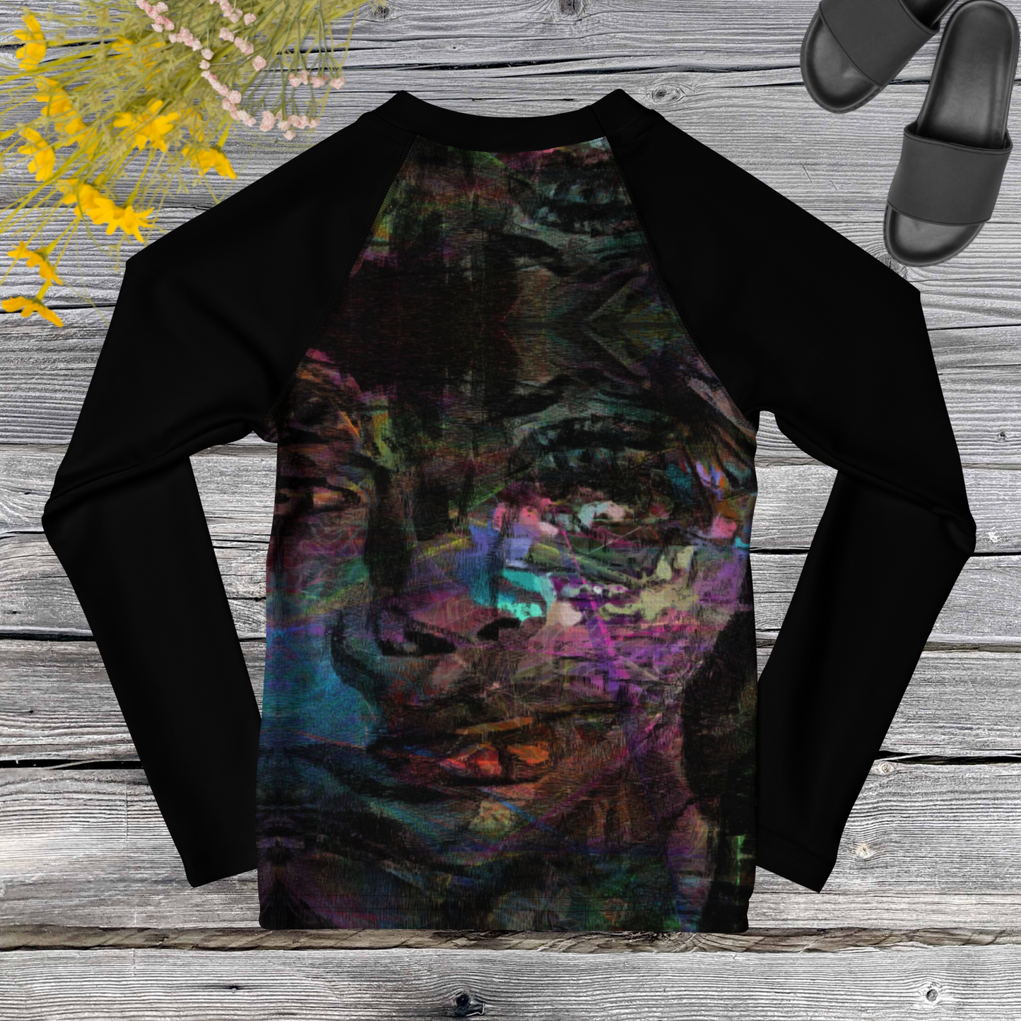 Vibrant abstract art kids rash guard with UPF 50+ sun protection, gender-neutral design by Hipyfi Clothes & Design. back