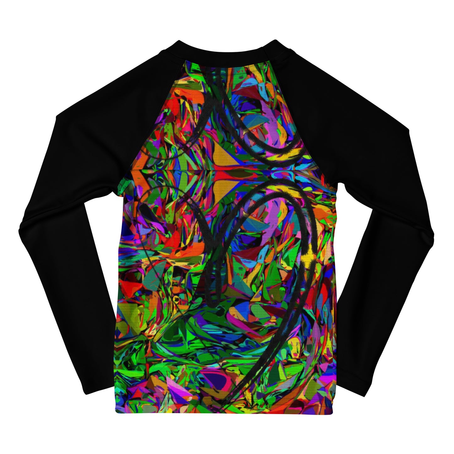 Colorful abstract art kids rash guard with neon brushstroke pattern, UPF 50+ sun protection, by Hipyfi Clothes & Design Back-2