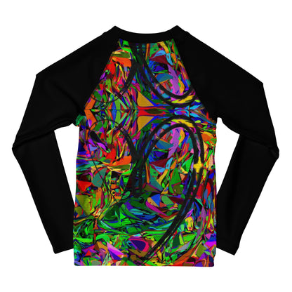 Colorful abstract art kids rash guard with neon brushstroke pattern, UPF 50+ sun protection, by Hipyfi Clothes & Design Back-2