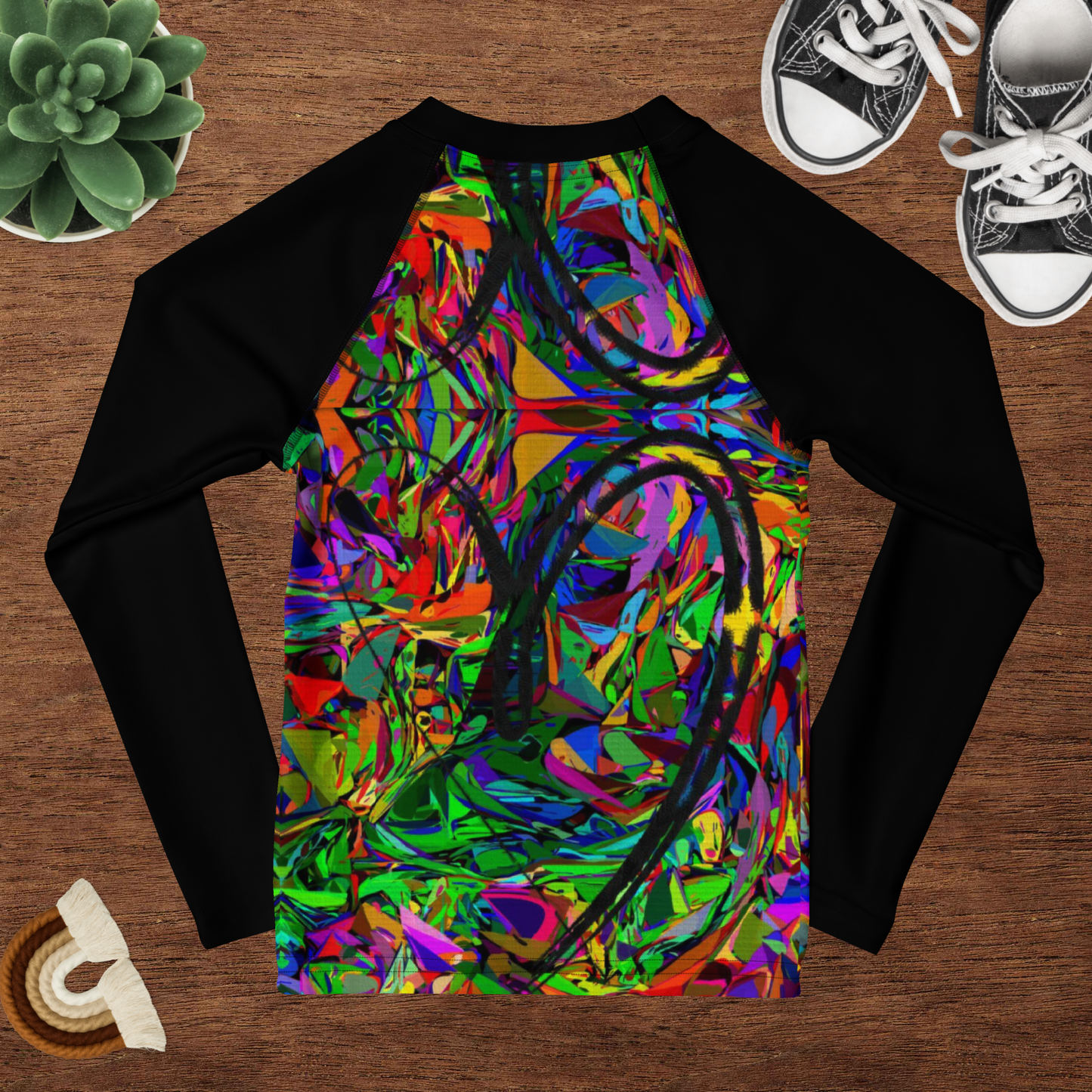 Colorful abstract art kids rash guard with neon brushstroke pattern, UPF 50+ sun protection, by Hipyfi Clothes & Design Back
