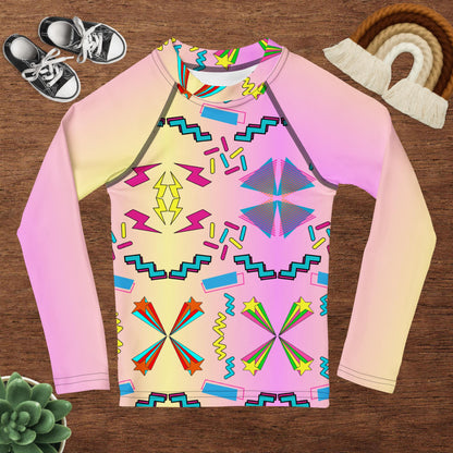 Kids Rash Guard UPF 50+ with 80s Retro Memphis Design – Hipyfi Swim Shirt Front