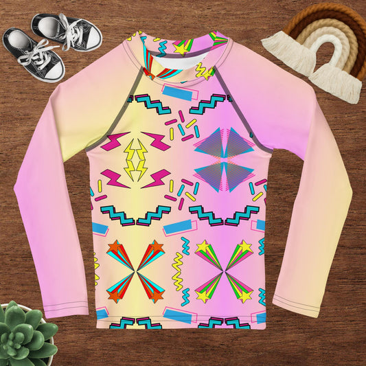 Kids Rash Guard UPF 50+ with 80s Retro Memphis Design – Hipyfi Swim Shirt Front