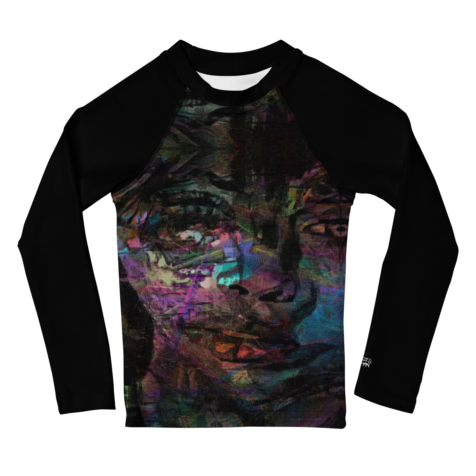 Vibrant abstract art kids rash guard with UPF 50+ sun protection, gender-neutral design by Hipyfi Clothes & Design. front-2