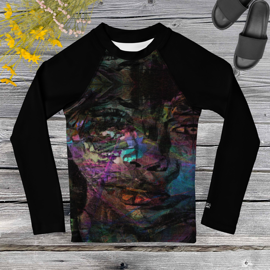 Vibrant abstract art kids rash guard with UPF 50+ sun protection, gender-neutral design by Hipyfi Clothes & Design. front