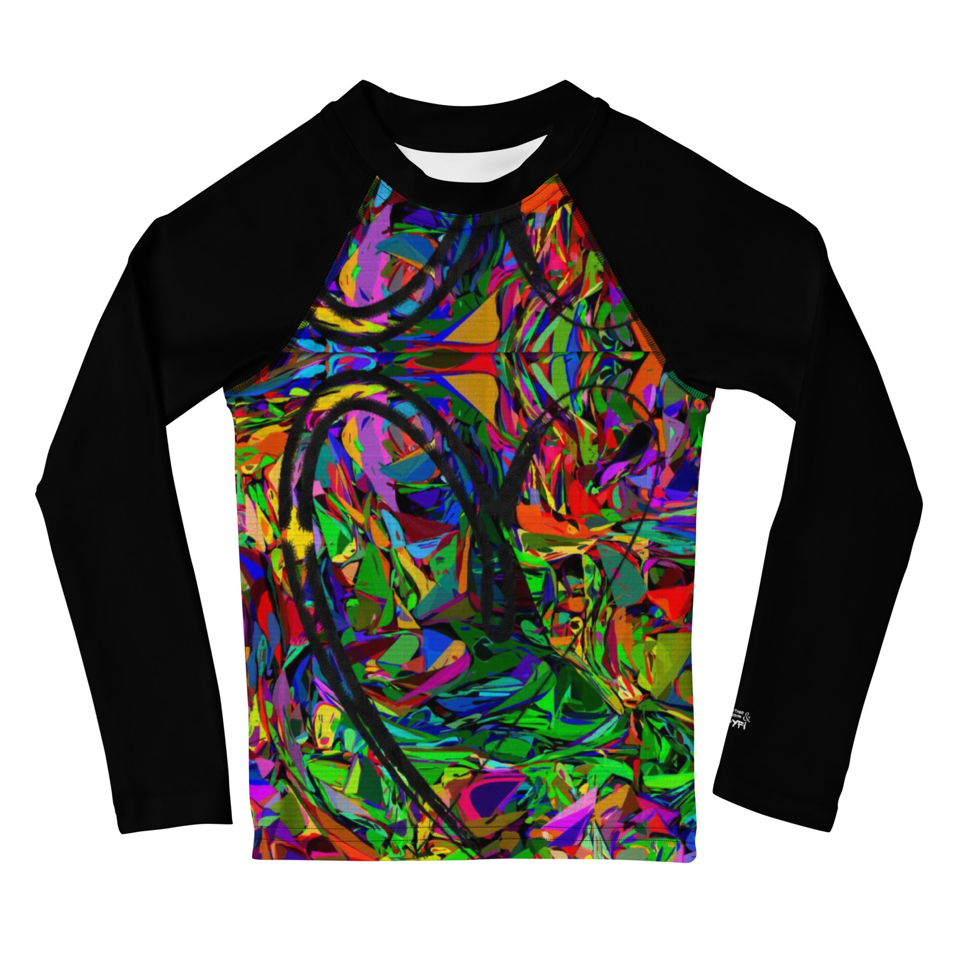 Colorful abstract art kids rash guard with neon brushstroke pattern, UPF 50+ sun protection, by Hipyfi Clothes & Design Front-2
