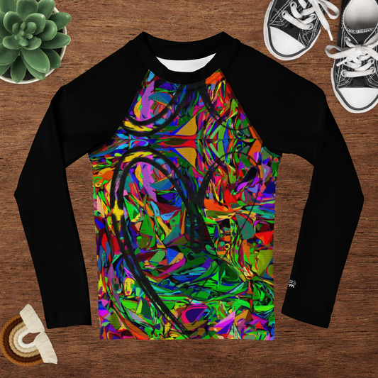 Colorful abstract art kids rash guard with neon brushstroke pattern, UPF 50+ sun protection, by Hipyfi Clothes & Design Front