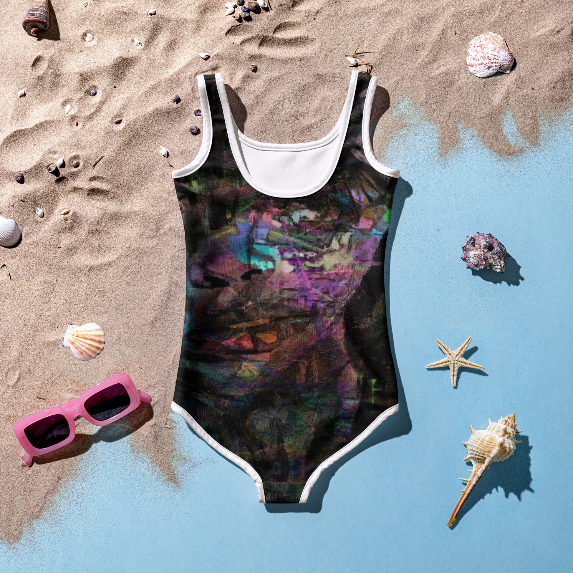 Hipyfi Chromatic Dreams Kids Swimsuit with vibrant abstract art print in purple, blue, and orange. UPF 50+ swimwear. back