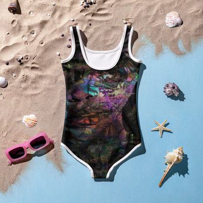 Hipyfi Chromatic Dreams Kids Swimsuit with vibrant abstract art print in purple, blue, and orange. UPF 50+ swimwear. back
