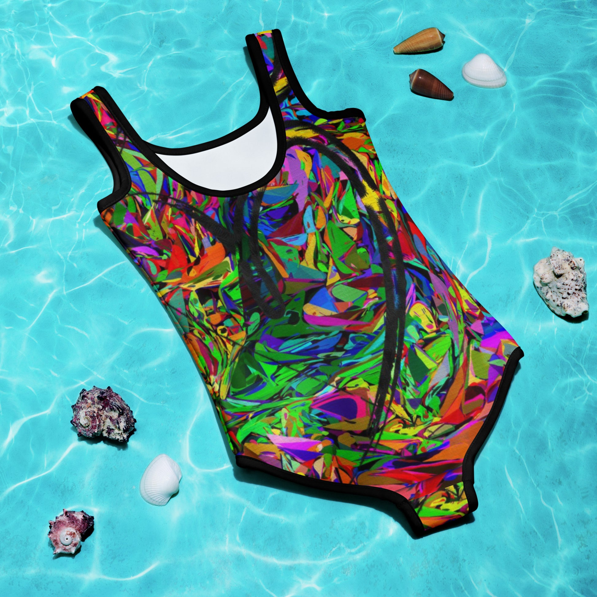 Girls abstract print one-piece swimsuit with vibrant neon colors and artistic design by Hipyfi Clothes & Design Back