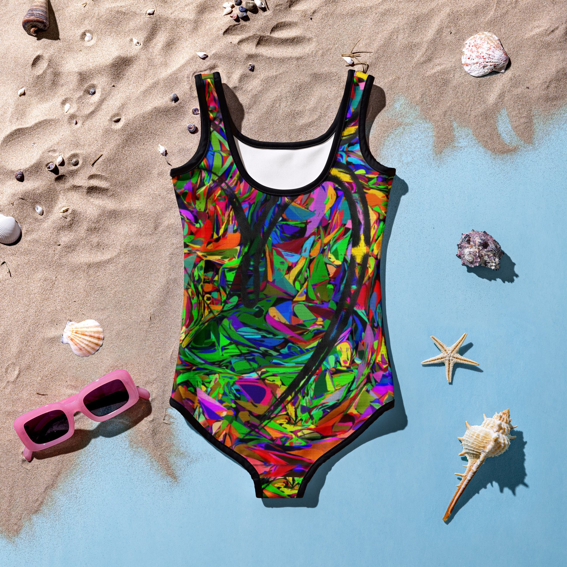Girls abstract print one-piece swimsuit with vibrant neon colors and artistic design by Hipyfi Clothes & Design Back-2