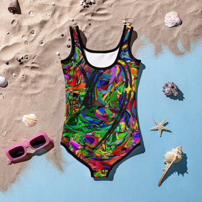 Girls abstract print one-piece swimsuit with vibrant neon colors and artistic design by Hipyfi Clothes & Design Back-2
