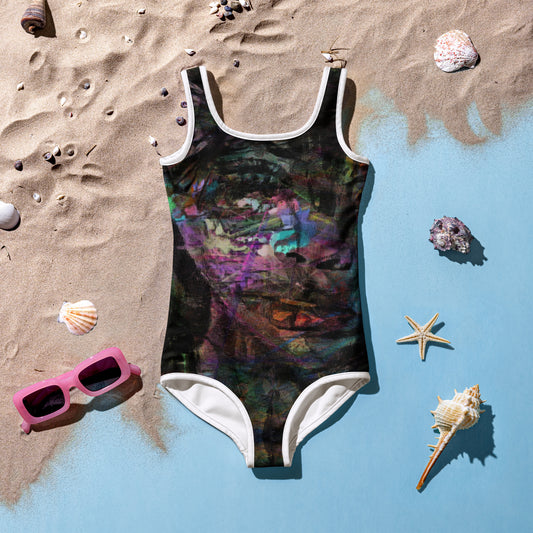 Hipyfi Chromatic Dreams Kids Swimsuit with vibrant abstract art print in purple, blue, and orange. UPF 50+ swimwear. front