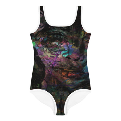 Hipyfi Chromatic Dreams Kids Swimsuit with vibrant abstract art print in purple, blue, and orange. UPF 50+ swimwear. front-3
