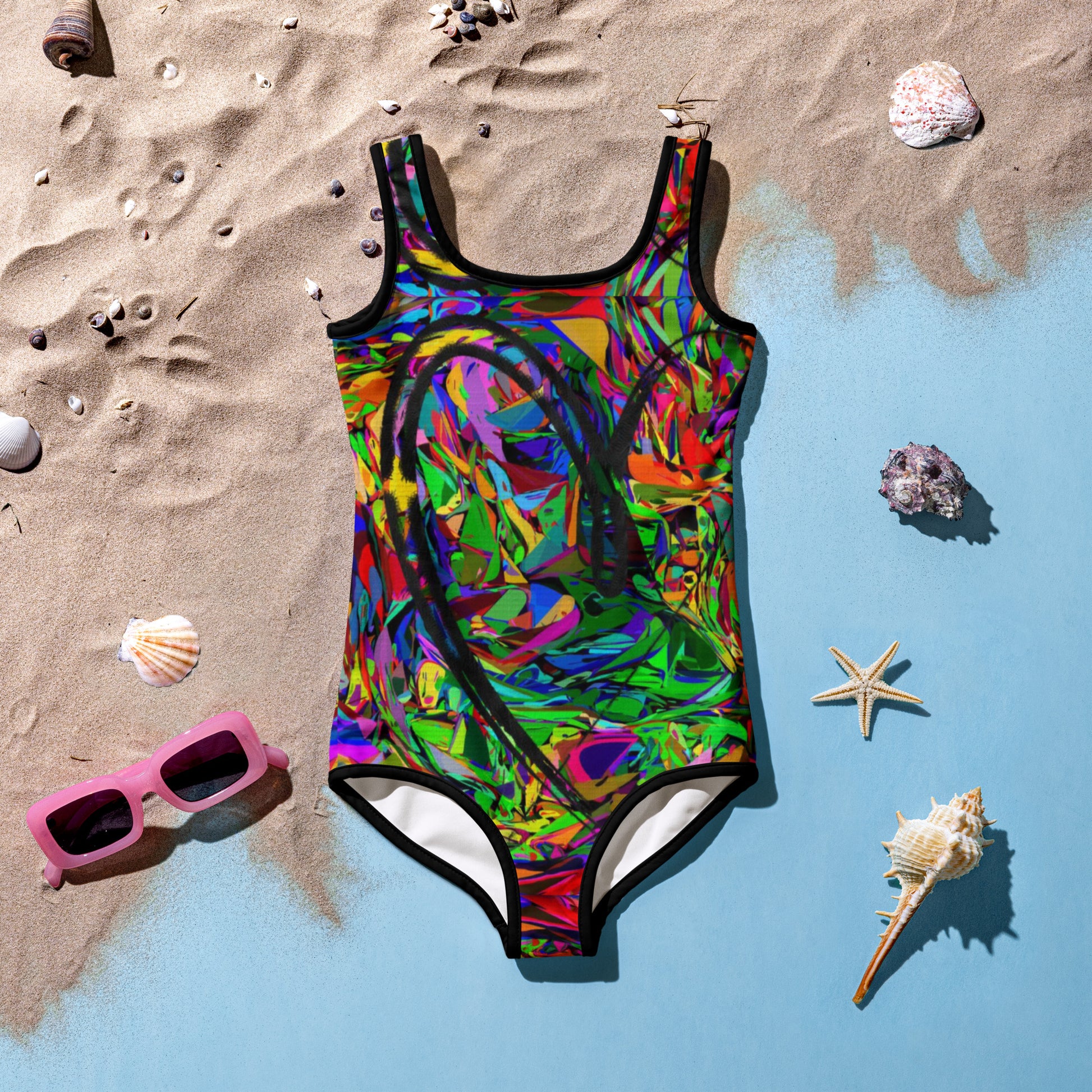 Girls abstract print one-piece swimsuit with vibrant neon colors and artistic design by Hipyfi Clothes & Design Front-2