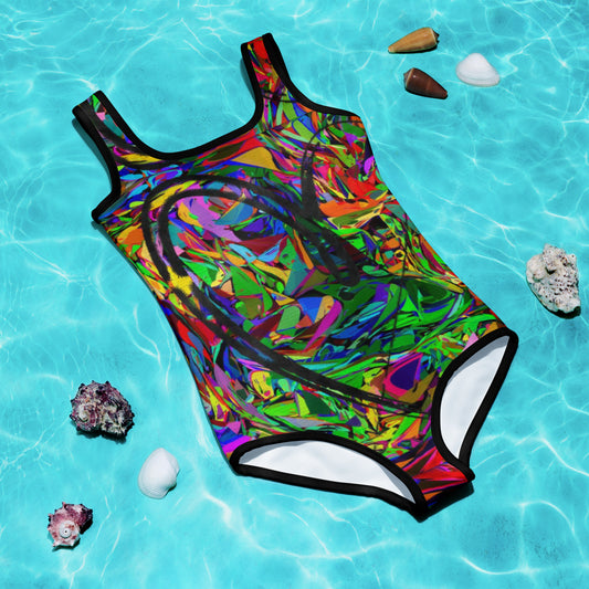Girls abstract print one-piece swimsuit with vibrant neon colors and artistic design by Hipyfi Clothes & Design Front