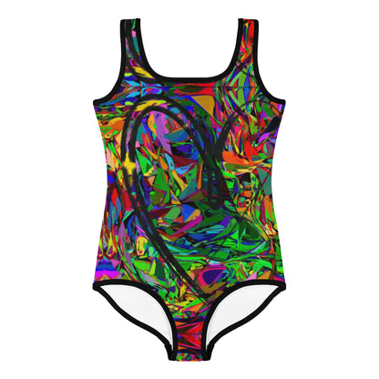 Girls abstract print one-piece swimsuit with vibrant neon colors and artistic design by Hipyfi Clothes & Design Front-3