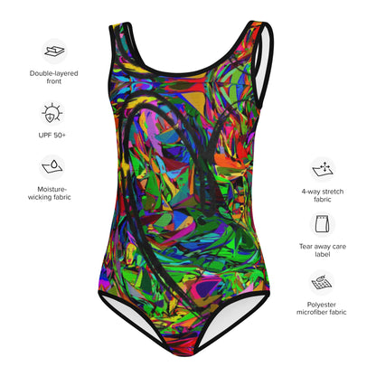Girls abstract print one-piece swimsuit with vibrant neon colors and artistic design by Hipyfi Clothes & Design Prduct-info