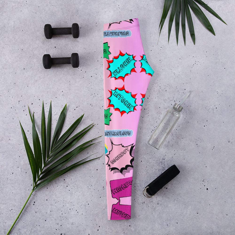80s comic pop art leggings for women in neon retro colors by Hipyfi Clothes & Design. Flat