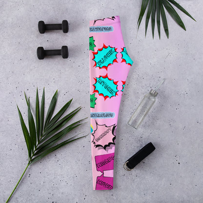 80s comic pop art leggings for women in neon retro colors by Hipyfi Clothes & Design. Flat