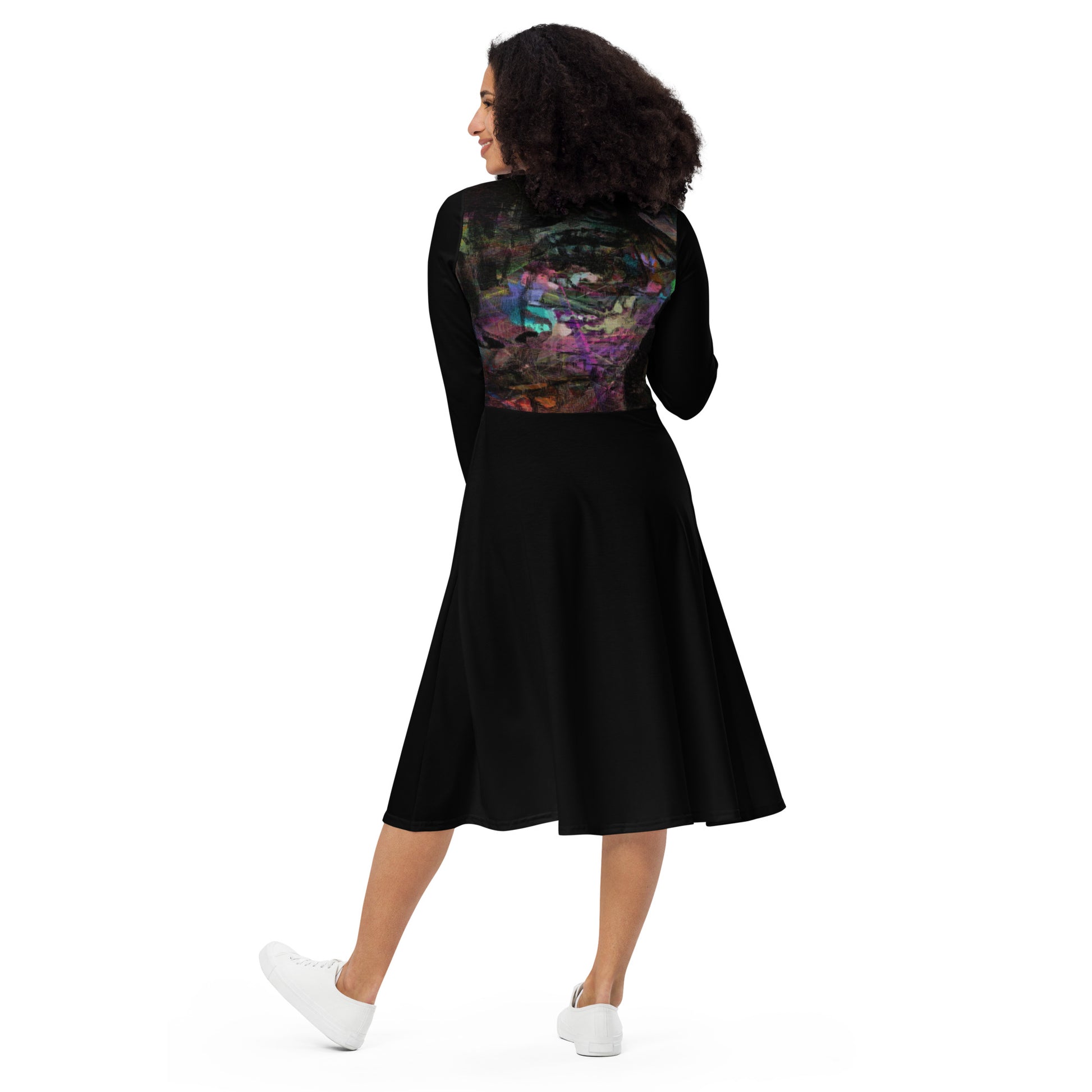 Chromatic Dreams Long Sleeve Midi Dress by Hipyfi: Modern art-inspired design for women seeking bold, eco-friendly fashion. back