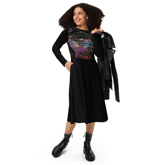 Chromatic Dreams Long Sleeve Midi Dress by Hipyfi: Modern art-inspired design for women seeking bold, eco-friendly fashion. front